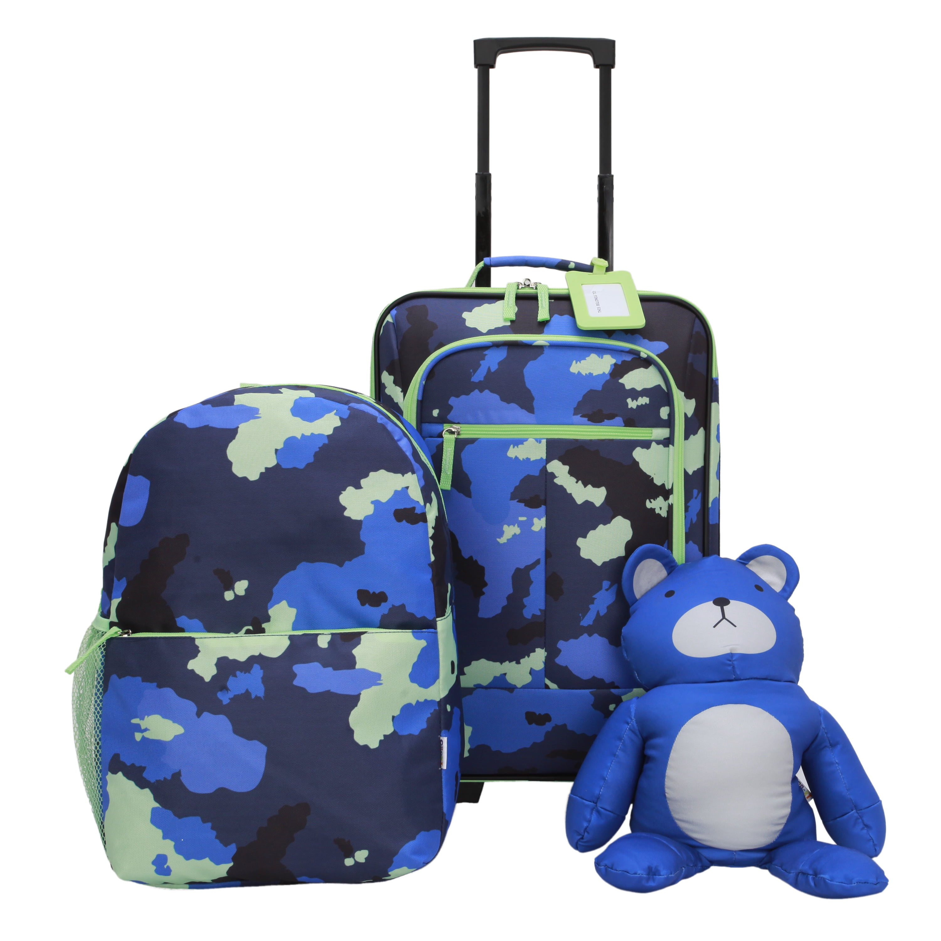 Crckt 4 Piece 18-inch Soft Side Carry-On Kids Luggage Set, Blue Camo, Size: 18in UR: 18''H x 12.5 WX 6.5''Large BACKPACK:15.5IN H x 11in W x 6in L