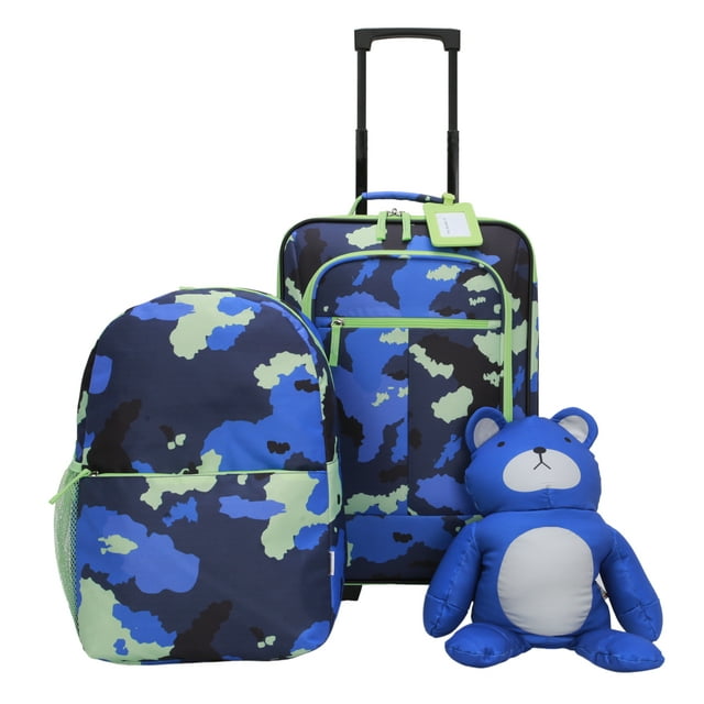 CRCKT 4 Piece 18-inch Soft side Carry-on Kids Luggage Set, Blue Camo