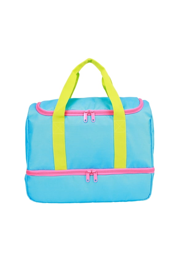 Kids 12.5" Weekender Polyester Duffel with Drop Bottom Shoe Compartment - Blue, Green, Pink Colorblock