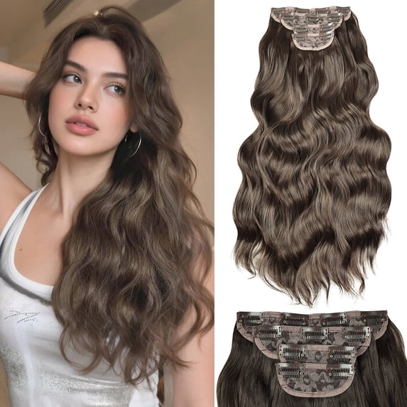CREAMILY Brown Clip in Hair Extensions 23 Inch 4pcs Long Wavy Hair Extensions Double Weft Synthetic Hairpieces for Women