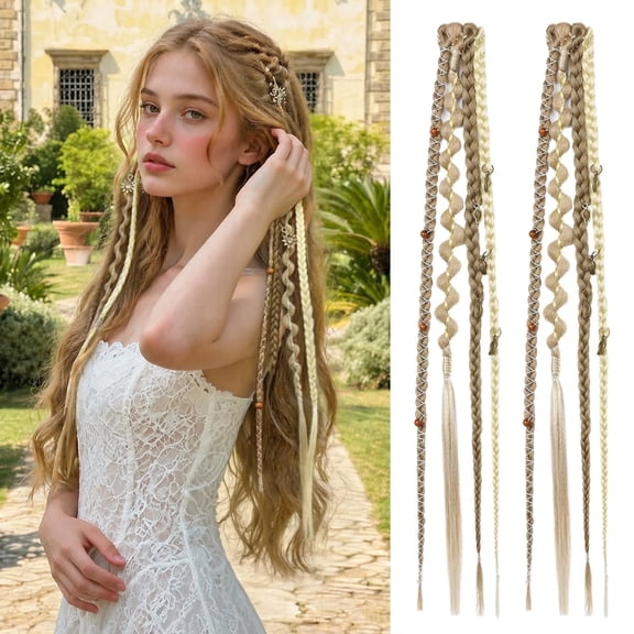 CREAMILY 2PCS Clip in Boho Braid Hair Extensions for Women 16 Inch Pre-Beaded Braided Styles with Charms — Festival, Party, Cosplay & Everyday Style