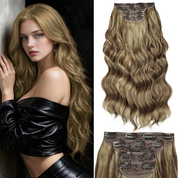 CREAMILY Clip in Hair Extensions 4PCS Thick Hairpieces Golden Brown Long Wavy Curly Synthetic Hair Extensions for Women 23in