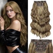 CREAMILY Clip in Hair Extensions 4PCS Thick Hairpieces Golden Brown Long Wavy Curly Synthetic Hair Extensions for Women 23in