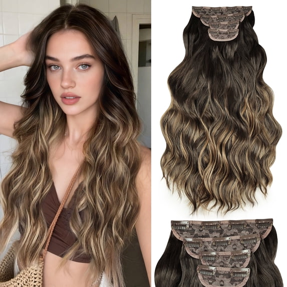 CREAMILY Long Wavy Curly Clip in Hair Extensions for Women Brown Highlight Blonde Synthetic Thick Hairpieces(23in,4pcs)