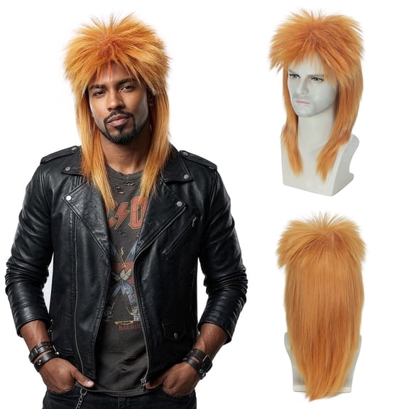 CREAMILY Orange Long Straight Mullet Rocker Wig – Ready-to-Wear 70s 80s Punk Disco Costume Hair for Men & Women, Halloween & Cosplay