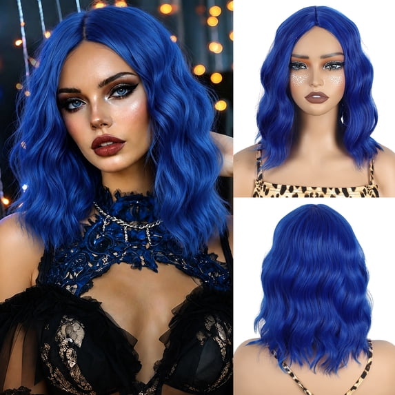 Creamily 13 inch Dark Blue mix Light Blue Bob Wigs no Bangs for Women Short Wavy Shoulder Length Bob Wig Natural Color Heat Resistant Hair for Daily