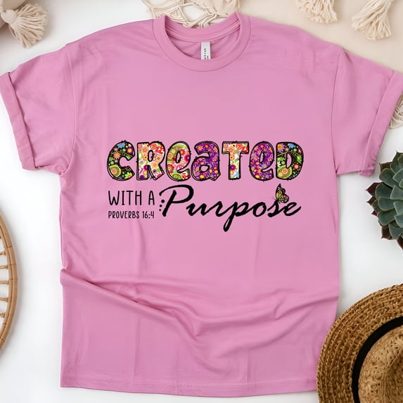 CREATED Retro Floral T-Shirt | Christian Inspirational Hippie Tee, Azalea, Size L