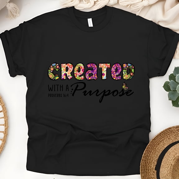 CREATED Retro Floral T-Shirt | Christian Inspirational Hippie Tee, Black, Size XL