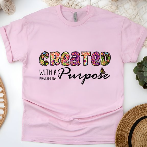 CREATED Retro Floral T-Shirt | Christian Inspirational Hippie Tee, Light Pink, Size S