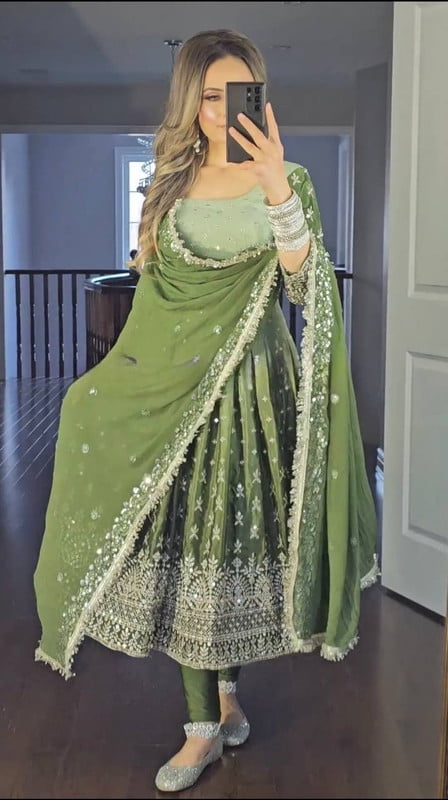 Exquisite Heavy Chinon Silk Gown, Pant & Dupatta Set with Embroidery & Accessories – Ready to Wear