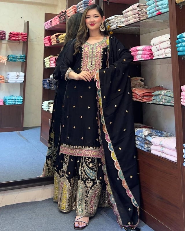 Heavy Chinon Silk With Heavy Malty Thread Embroidery Sequence Work* With Full Sleeve White Kurti