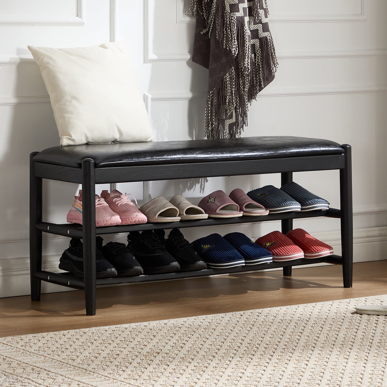 CREATISAN Entryway Bench, Solid Oak Wood Shoe Rack Bench, 3-Tier