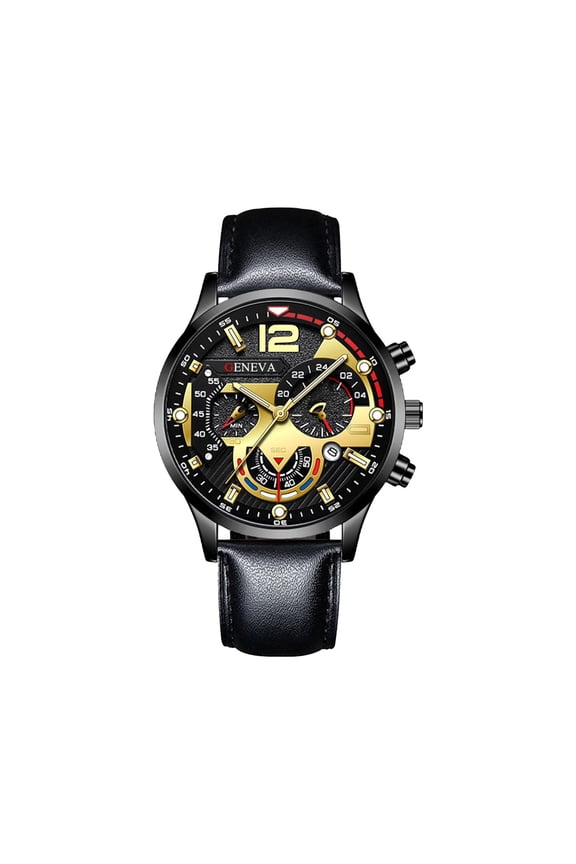 1 Pc Black Case Luminous Multi-Dial Watch - Sticker Design Leather Strap, Daily Wear Timepiece