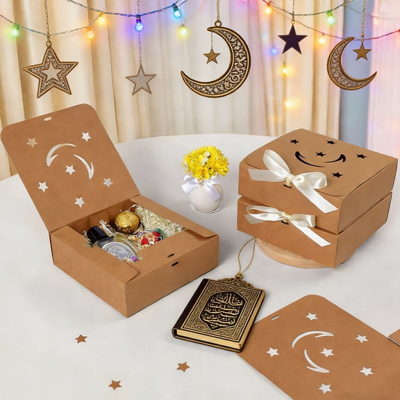 CREATITOY 10 Pcs Square Cut-Out Star Moon White Bow Candy Gift Box for Ramadan Eid HOLIDAY Party Decorations