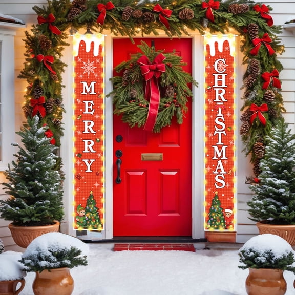 CREATITOY 11.81x70.87 Inch Christmas Lighted Couplet, Festive Printed Design with LED Lights, Perfect for Home Door Decor, Holiday Interior and Christmas Festive Supply