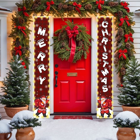 CREATITOY 11.81x70.87 Inch Christmas Lighted Couplet, Festive Printed Design with LED Lights, Perfect for Home Door Decor, Holiday Interior and Christmas Festive Supply