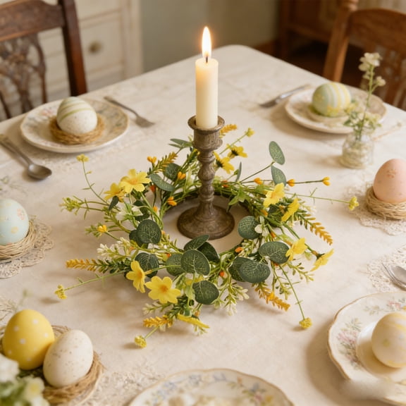 CREATITOY 12 Inch Yellow Daisy Spring Summer Candle Ring Easter Decorative Wreath for Home Holiday Decor