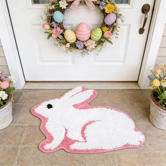 CREATITOY 1PC Flocked Rabbit Easter Doormat Quick-Dry Pink White Cute for Home Decor Holiday Supplies