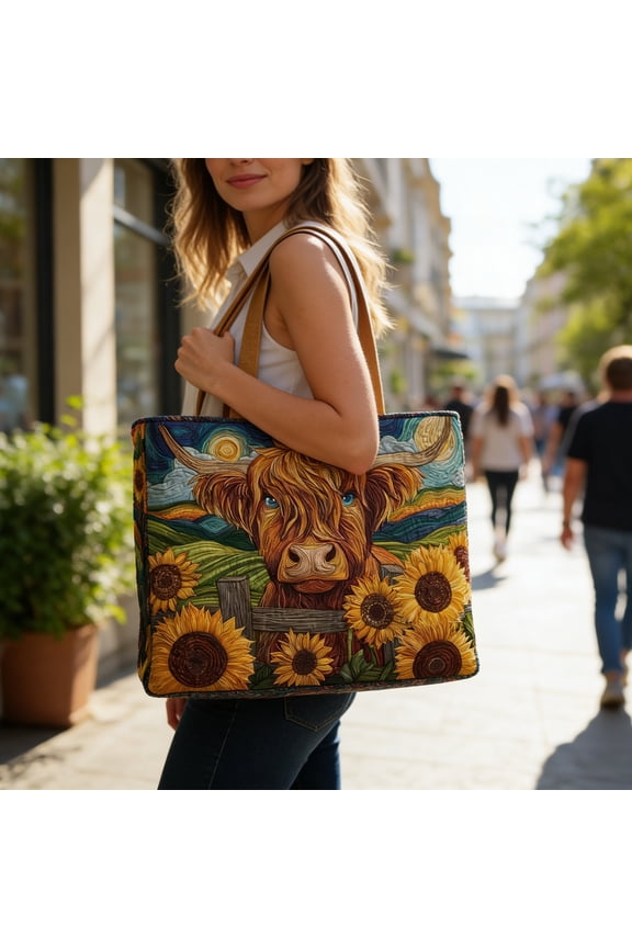 1PC Highland Cow Quilted Handbag Tote Bag for Travel Shopping and Daily Use