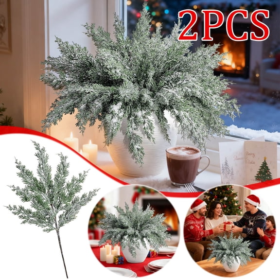 CREATITOY 2 Pcs Artificial 7-Branch Snowy PInchese & Cypress Sprigs - For Wreath, Tree, Christmas Deco