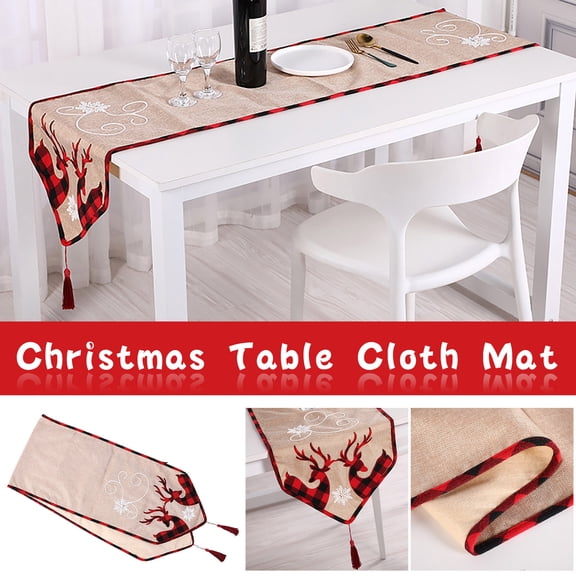 CREATITOY 2 Pcs Christmas Table Runner and Tablecloth Set Double Deer Pattern Holiday Decorative for Christmas Table Decorations Dining Party Home Supplies