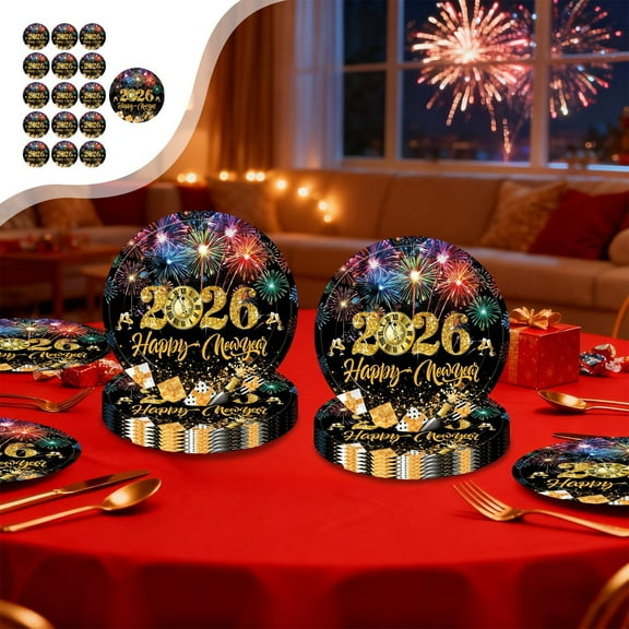 CREATITOY 2026 Year Disposable Tableware Set - Black Gold Colorful Cups Plates Napkins