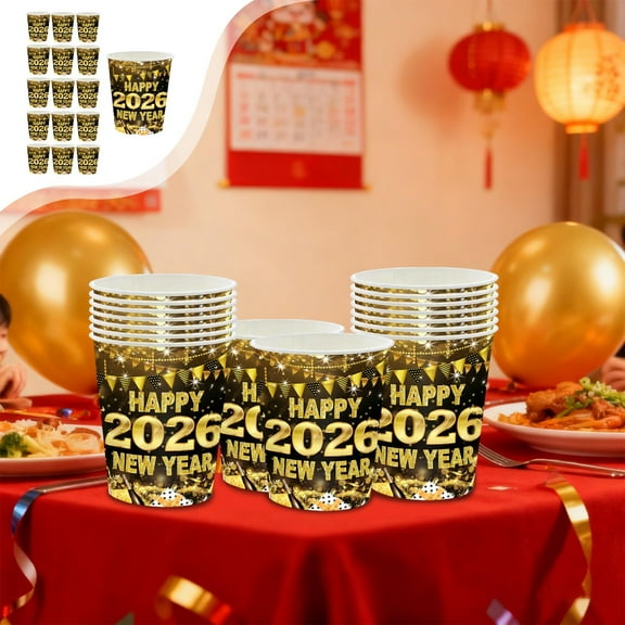 CREATITOY 2026 Year Disposable Tableware Set - Black Gold Theme Cups Plates Napkins