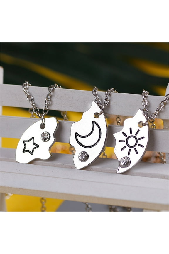3 Pcs BFF Star Moon Sun Necklace Set - Rhinestone Inlaid, Friendship Gift for Students & Besties