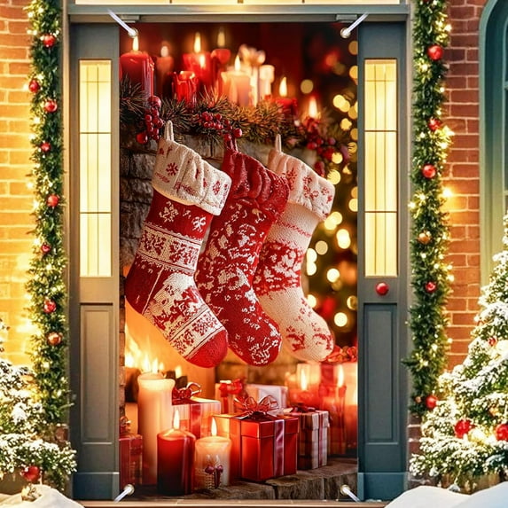 CREATITOY 35.4×70.8 Inches Christmas Door Cover Curtain Holiday Door Wall Decoration for Xmas Home Party Decorations Christmas Tree Xmas Family plies