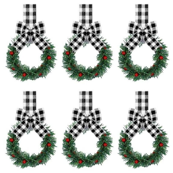 CREATITOY 6pc Mini Christmas Wreath with Berries Bow Black and White Checkered Design Holiday Decorations for Front Door Xmas Tree Home Party Supplies