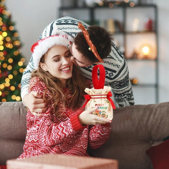 CREATITOY Christmas Canvas Candy Bags - Drawstring Tote Bags for Kids’ Christmas Eve Parties, Apple Storage & Holiday Gift-Giving