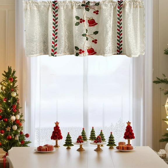 CREATITOY Christmas Curtains Festive Atmosphere Decorations with Embroidery Print Short Small Window Curtains for Xmas Holiday Home Party Supplies