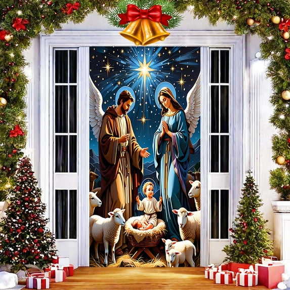 CREATITOY Christmas Door Curtain Backdrop 35x79 Inches Holiday Party Decorations for Xmas Home Party Supplies, Indoor Outdoor Decorative Background Fabric