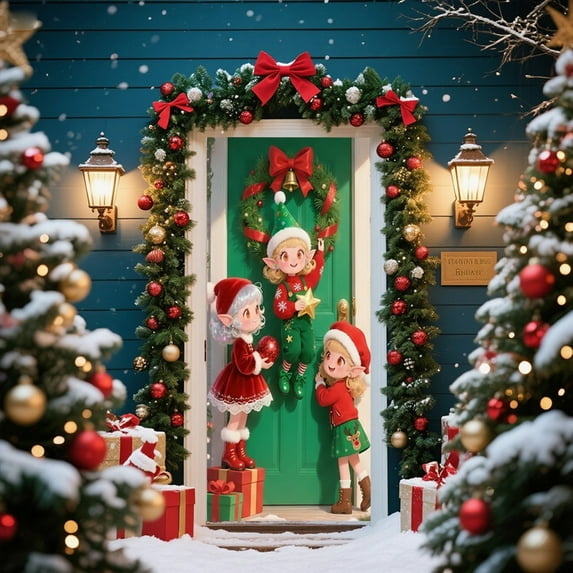 CREATITOY Christmas Door Curtain Ensigns Outdoor Photo Christmas Day Party Elves Celebration Decoration Background Hanging Decoration Hanging Fabric