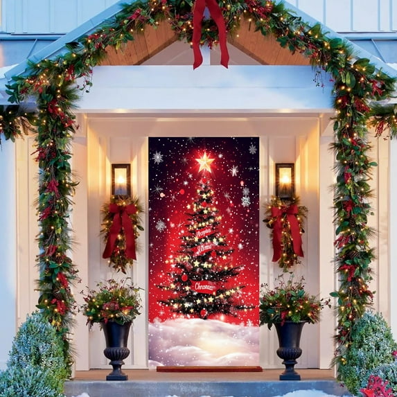 CREATITOY Christmas Door Set Door Width Door Curtain Holiday Party Decoration Christmas Tree Door Hanging Door Cover Decoration