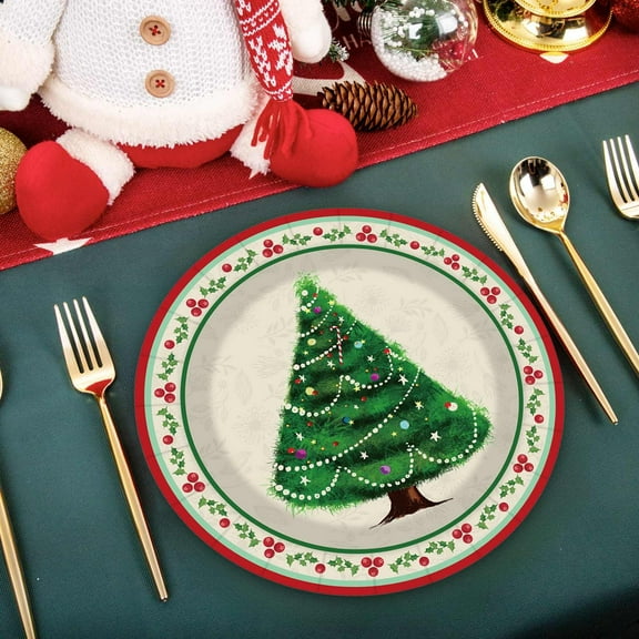 CREATITOY Christmas Themed Disposable Tableware Set - Paper Cups, Plates & Napkins for Party Supplies, Christmas Tree Decor & Family Holiday Dinners