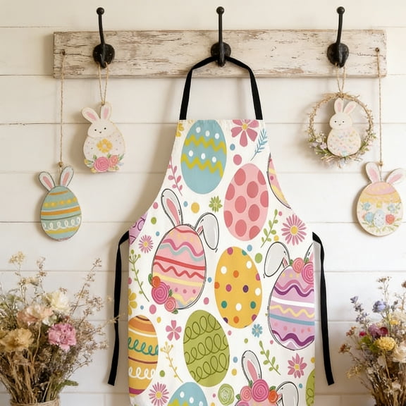 CREATITOY Easter Bunny Egg Printed Kitchen Apron Adjustable Cooking Baking Holiday Party Decor Accessory