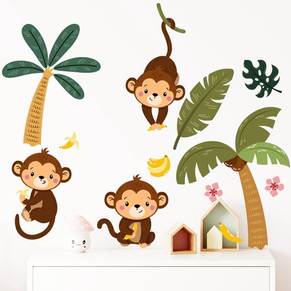 CREATITOY Forest Cartoon Animal Monkey Palm Tree Stickers for Kids Room Home Office Wall Decor