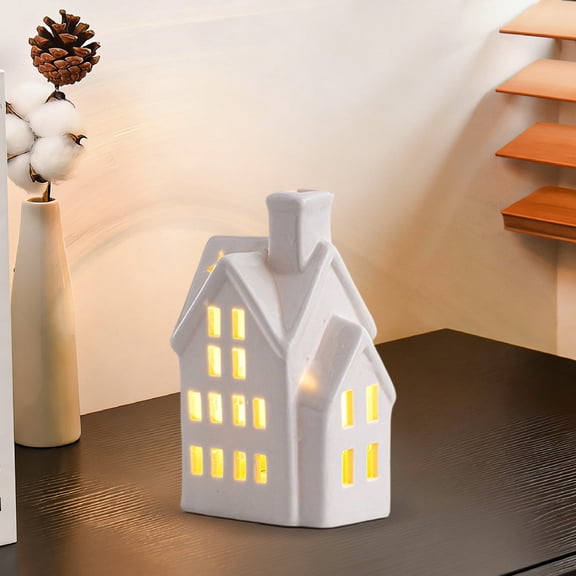 CREATITOY LED Light Ceramic Mini House Ornament Set Decorative Lighted Cottage Figurines for Home Living Room Bedroom Tabletop Holiday Decoration