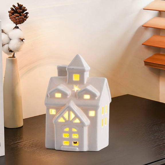 CREATITOY LED Light Ceramic Mini House Ornament Set Decorative Lighted Cottage Figurines for Home Living Room Bedroom Tabletop Holiday Decoration