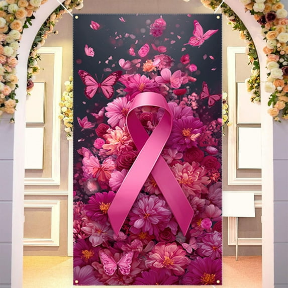 CREATITOY Pink Ribbon Christmas Flag Backdrop Door Cover 78.74 Inches Holiday Decoration for Xmas Tree Home Party Supplies Festive Indoor Outdoor Decor
