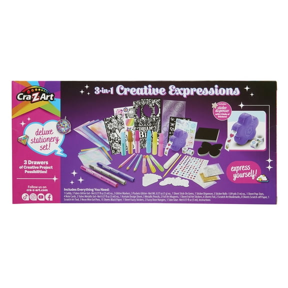 Cra-Z-Art 3-in-1 Creative Expressions Deluxe Stationery Set with Gel Pens, Glitter, Stickers, and More Kids Ages 8+