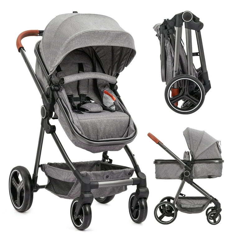 CREATIVE HOBBIES 2 in 1 Convertible Baby Stroller Quick Foldable High Landscape Infant Stroller with Reversible Bassinet Adjustable Canopy 5 Point