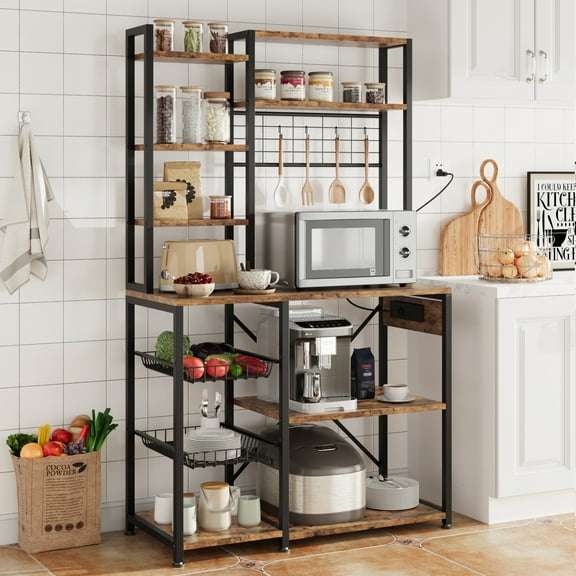 CREATIVE HOBBIES Bakers Rack with Power Outlet Microwave Stand with 2 Wire Drawer, Industrial Coffee Bar Station, 7-Tier Kitchen Bakers Rack with Large Storage for Spice, Pots Organizer