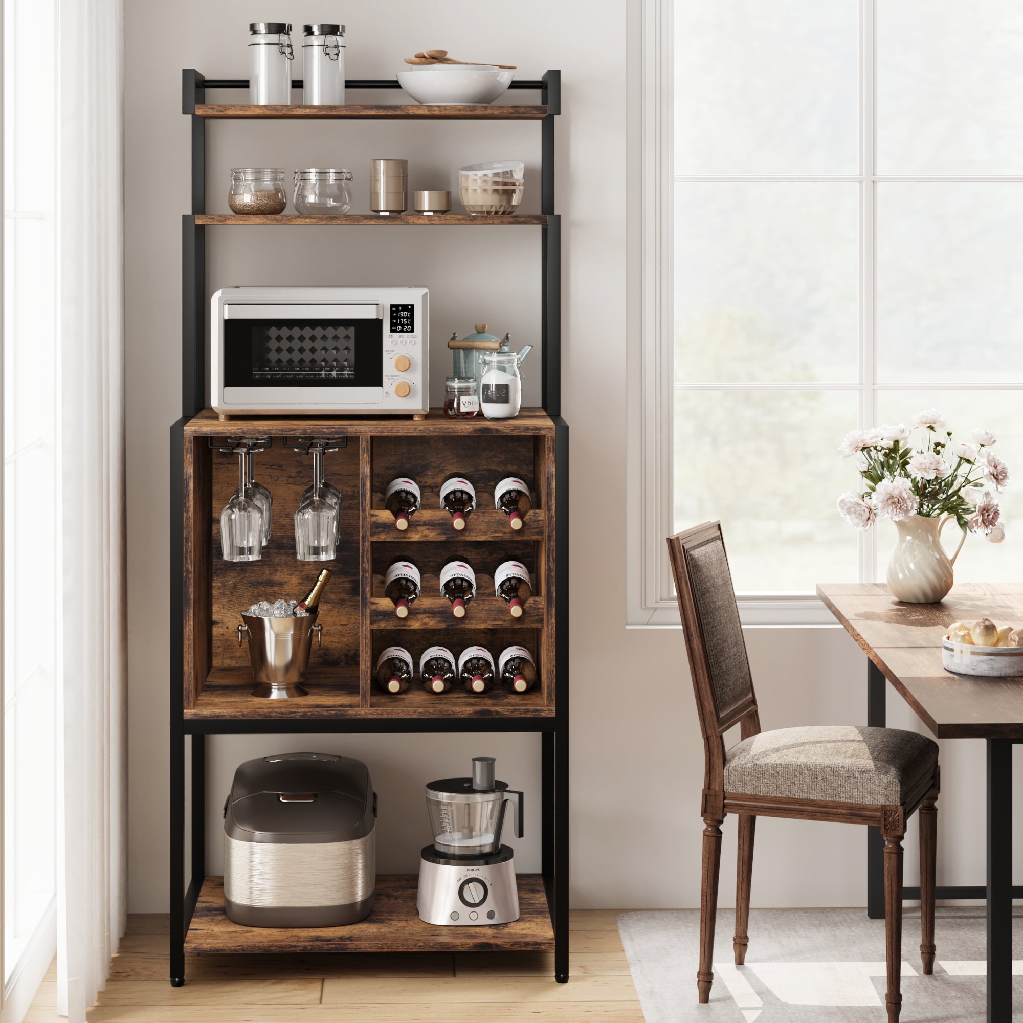 CREATIVE HOBBIES Bakers Rack with Power Outlet Rustic Microwave Stand with 2 Drawer Bakers Racks for Kitchens with Storage 5 Tier Kitchen Storage Rack for Dining Small Space Apartment Walmart Business...