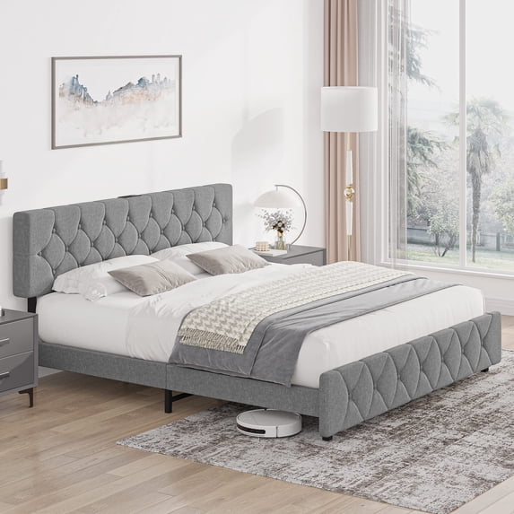 CREATIVE HOBBIES Bed Frame Platform Bed with USB Port Headboard Wood Slat Support Bed Frame Upholstered Platform with Adjustable Headboard