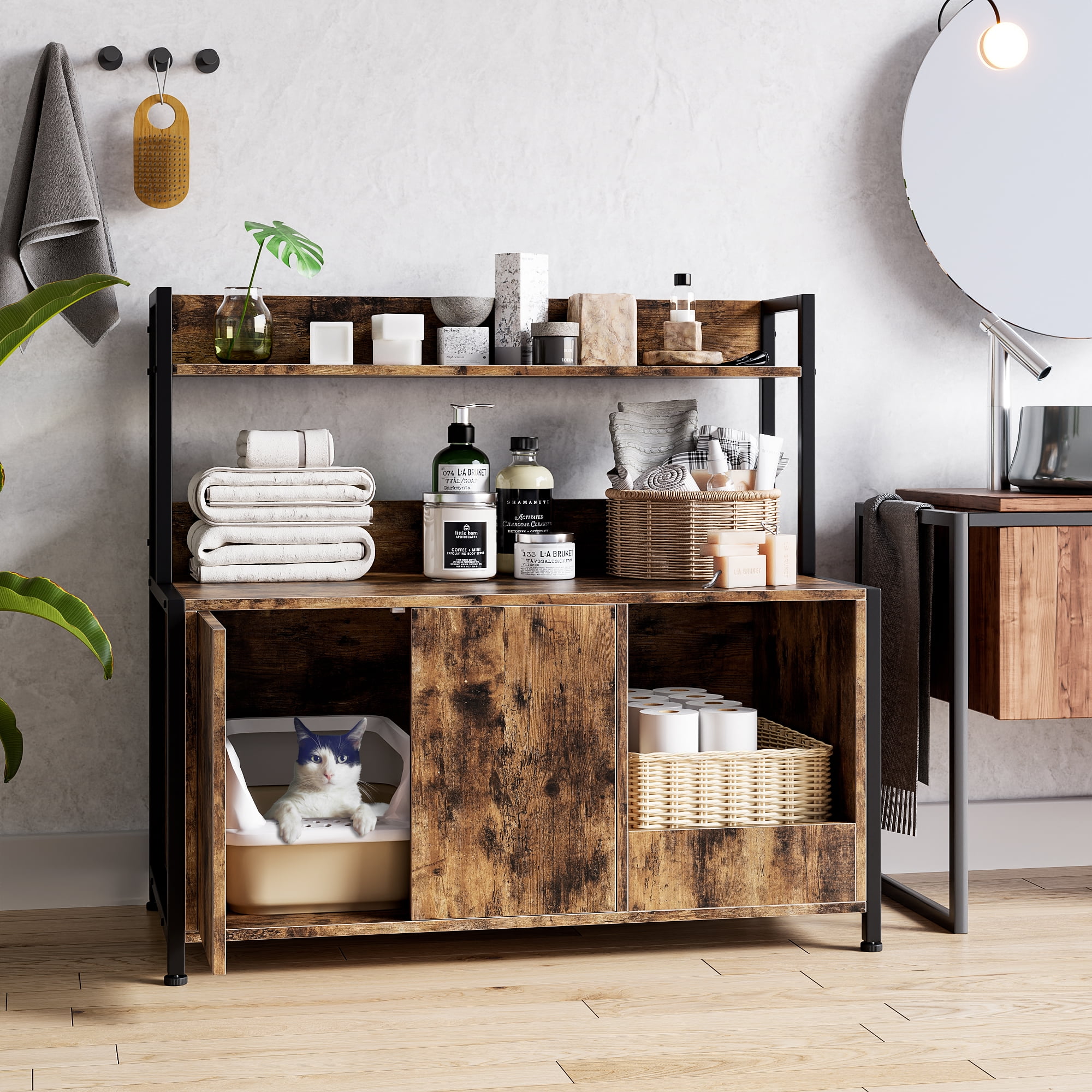 Large Rustic Brown Litter Box Enclosure With Shelves And Doors, Tall Indoor Cat Washroom Furniture