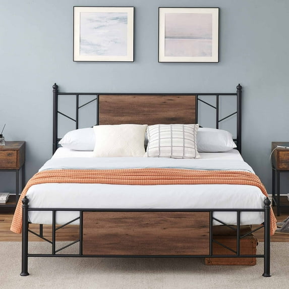 CREATIVE HOBBIES Full Size Bed Frame with Rustic Vintage Wood Headboard and Footboard, Industrial Platform Mattress,No Box Spring Needed