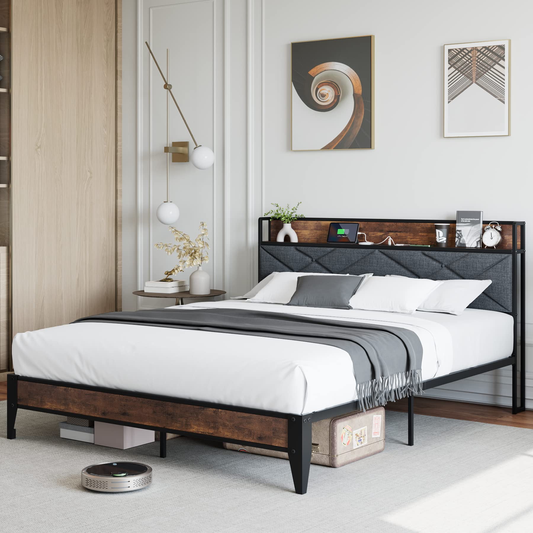 CREATIVE HOBBIES King Size Bed Frame with USB Ports, Platform Bed Frame with Storage Headboard