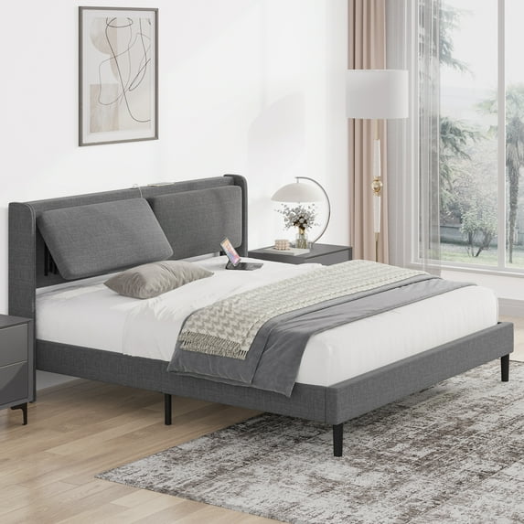 CREATIVE HOBBIES King Size Bed Frame with Cushioned Adjustable Headboard and USB Ports No Box Spring NeededSlat Support Platform Bed